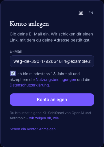 Formular „Konto anlegen“ mit Häkchen und Hinweis auf die eigenen Schlüssel