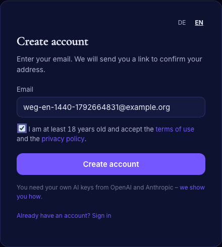 The “Create account” form with the tick box and the note about your own keys